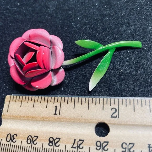 Vintage Enamel Pink Rose Metal Brooch - Picture 4 of 6
